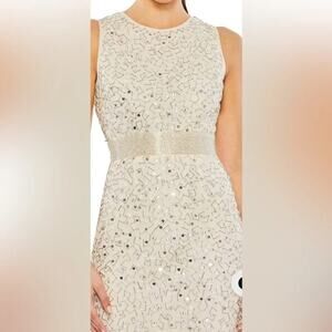 Mac Duggal 93758 Geometric Beaded Tea length SleevelesDress White Sz 4